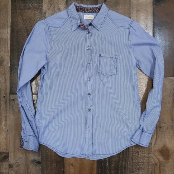 Meadow Rue Anthropologie Blue White Striped Button Up Shirt Floral Cuff Size 2 - Picture 1 of 6